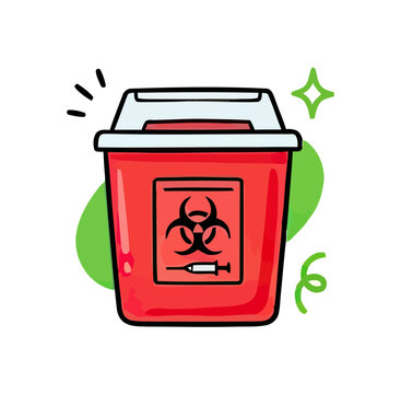 Red biohazard sharps container with syringe symbol warns of danger while keeping waste safe