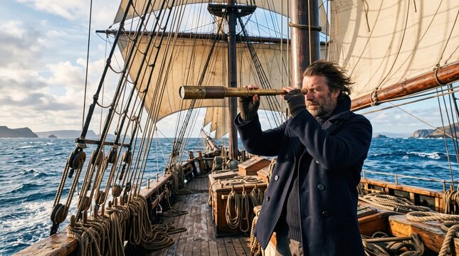 Middle-aged man on wooden deck of tall sailing ship using brass spyglass, ocean swells and canvas sails behind him, nautical portrait evoking exploration and maritime life.