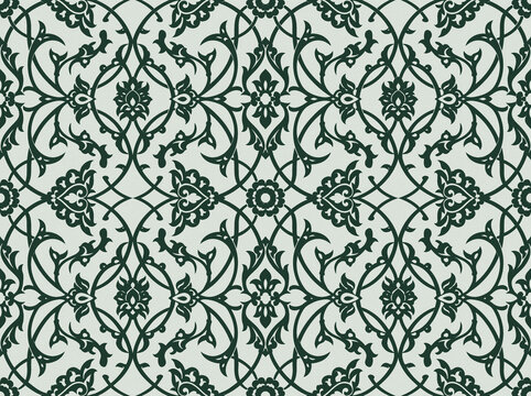 Seamless pattern damask floral in background wallpaper vector of vintage ornament green elegant texture textile fabric design classic symmetrical baroque retro tile