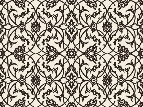 Seamless pattern damask floral in background wallpaper vector of vintage ornament black elegant texture textile fabric design classic symmetrical baroque retro tile