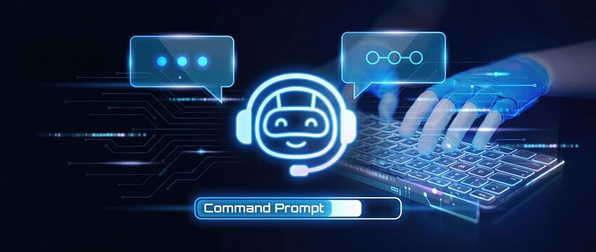 Futuristic digital interface showcasing a chatbot with glowing elements hands typing on a keyboard and communication icons for technology and ai themes.