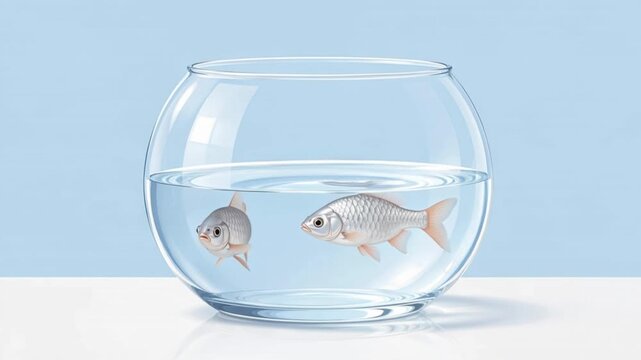 Two small white fish swimming inside a clear glass fishbowl on a white table against a blue background.