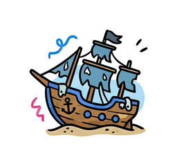 Naklejka premium A cartoon pirate ship with torn sails rests on sand while colorful streamers fly