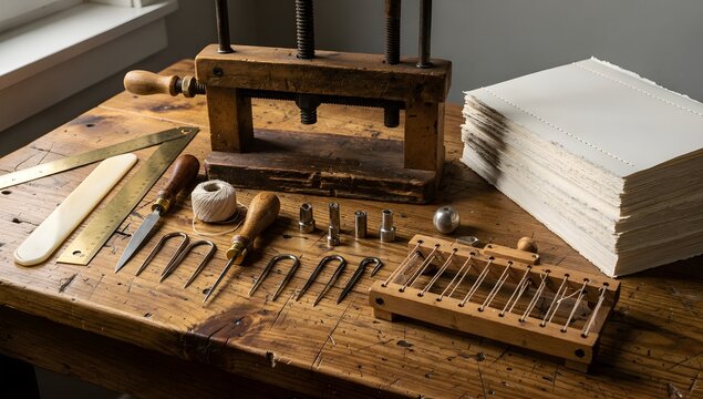 Traditional bookbinding tools arranged on an artisan workshop table