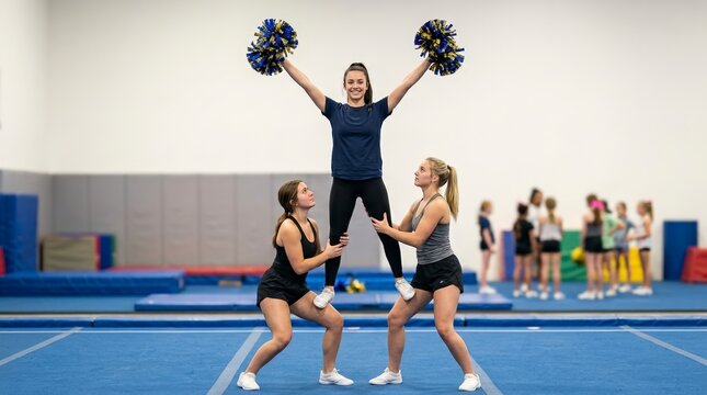 Young women performing a cheerleading stunt during practice in a gym. Flyer holding blue and gold pompoms supported by two bases on a blue mat. Youth cheer squad teamwork and training