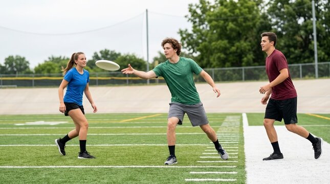 Young adults playing ultimate frisbee on an artificial turf field. Man throwing a white flying disc sidearm while friends run to catch it. Outdoor team sports and active lifestyle
