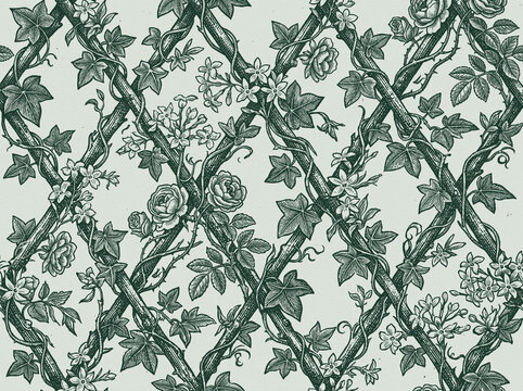 Floral pattern lattice trellis in background vine vintage of seamless texture green rose garden botanical foliage leaf wallpaper antique decorative engraving sketch