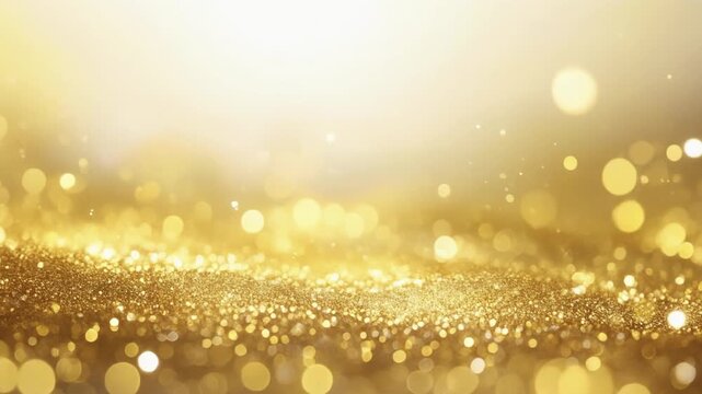Glowing Golden Glitter Particles and Soft Bokeh Seamless Loop Motion Background Video - Luxury Sparkle Landscape for stage presentation and Copy Space 