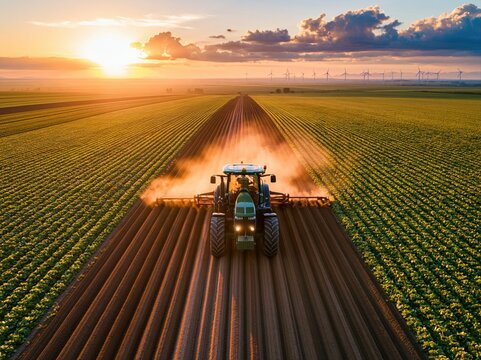 Tractor works in a field at sunset with wind turbines in the background and rows of crops stretching out
