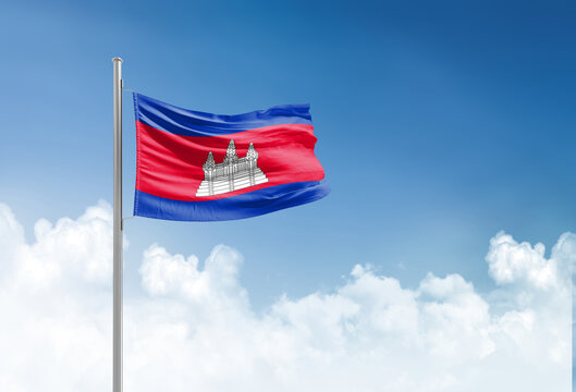 Cambodia flag waving in beautiful sky.