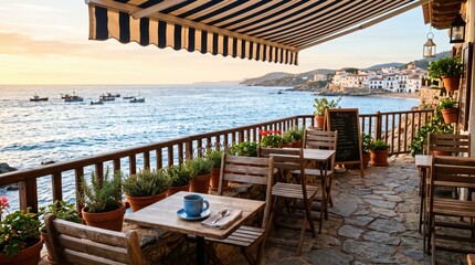 Fototapeta premium Seaside cafe terrace with wooden tables and chairs overlooking calm blue sea and coastal village at sunrise, empty outdoor dining setting with potted plants