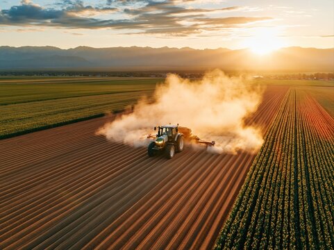 Tractor works on farm field during sunset with dust rising in the air