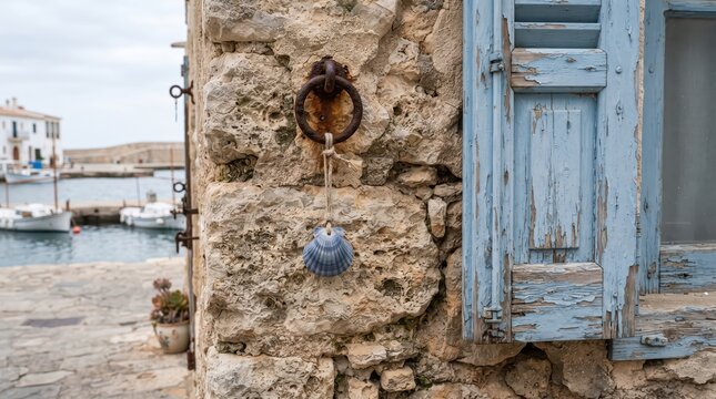 Weathered stone wall with blue peeling wooden shutter and nautical shell charm overlooking calm harbor quay with moored boats in soft daylight seaside village