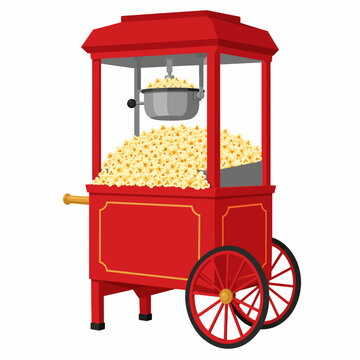 Red Popcorn Cart Overflowing With Fresh Popcorn Flat Vector Illustration for Cinema Carnival and Food Promotion