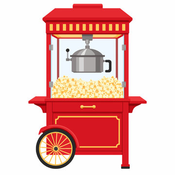Classic Red Popcorn Machine Full of Fresh Popcorn Flat Vector Hero Illustration for Movie Cinema and Food Advertising