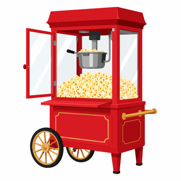 Red Popcorn Machine With Open Glass Door and Fresh Popcorn Flat Vector Illustration Isolated on White
