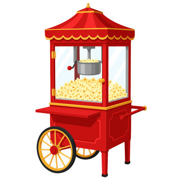 Vintage Red Carnival Popcorn Machine With Decorative Roof Flat Vector Illustration Filled With Fresh Popcorn
