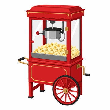 Red Popcorn Machine Cart With Side Crank and Fresh Popcorn Flat Vector Illustration for Snack Business Promotion