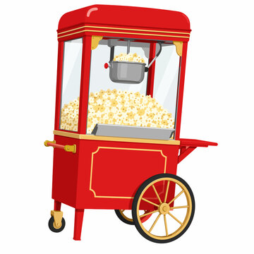 Rounded Retro Red Popcorn Cart Filled With Fresh Popcorn Flat Vector Illustration for Cinema and Snack Advertising