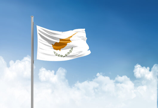 Cyprus flag waving in beautiful sky.