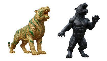 Fototapeta premium Two Decorative Tiger Statues with Roaring Expressions