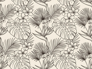 Seamless pattern floral tropical in botanical background leaf of leaves flower vector monstera palm plant line art drawing sketch illustration lineart jungle © AfsanaBinteSalam