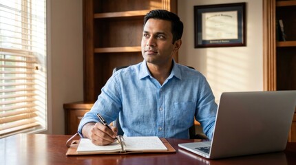 Fototapeta premium Indian businessman working at office desk with laptop and writing in notebook