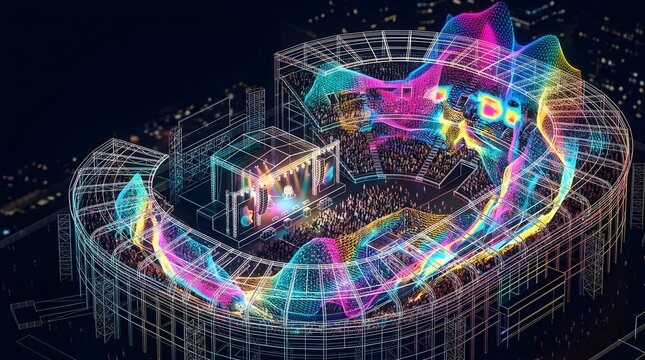Neon wireframe stadium concert stage with abstract holographic crowd