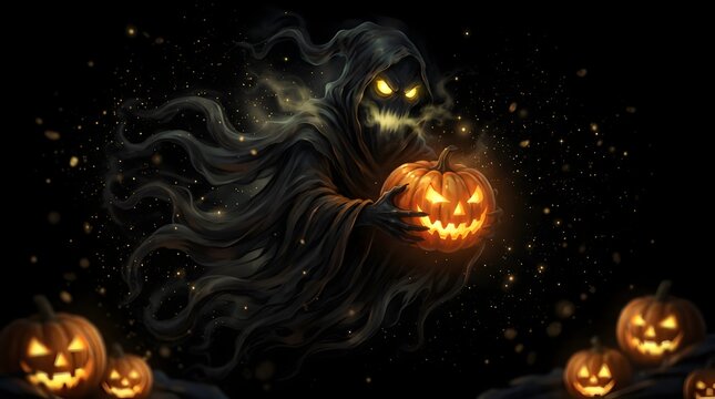 Ghostly Halloween Spirit with Glowing Pumpkin in a Mysterious Night Forest