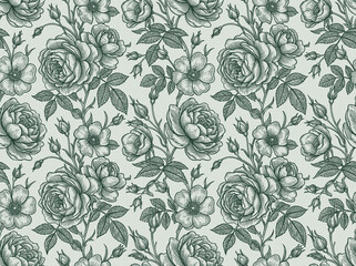 Seamless pattern floral vintage in rose background vector of flower botanical green leaves leaf classic antique print textile fabric wallpaper drawing sketch © AfsanaBinteSalam