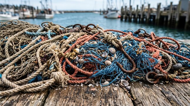 Close up pile of fishing ropes nets and buoys on wooden dock with harbour background, rustic maritime gear and texture details