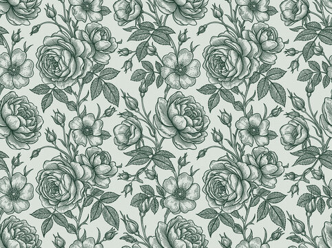 Seamless pattern floral vintage in rose background vector of flower botanical green leaves leaf classic antique print textile fabric wallpaper drawing sketch