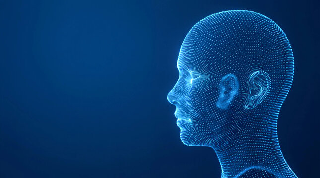 Digital wireframe human head model on dark blue background