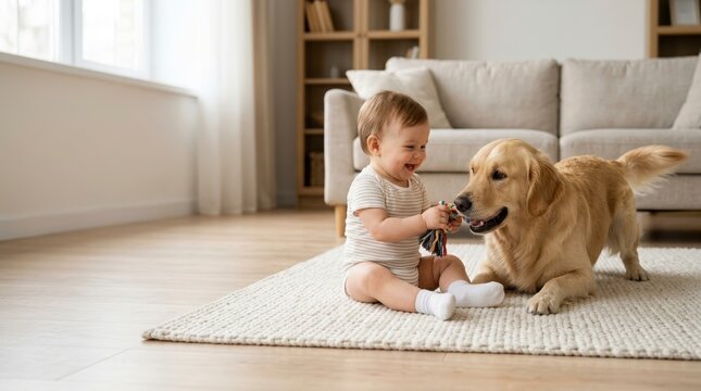 Happy baby and golden retriever dog playing together with a rope toy. Cheerful toddler and pet on a rug in a bright living room
