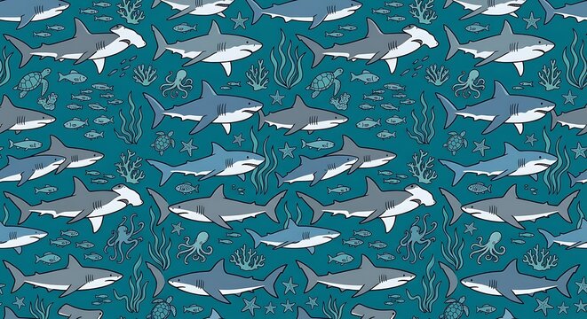 Seamless underwater pattern with sharks and diverse marine life