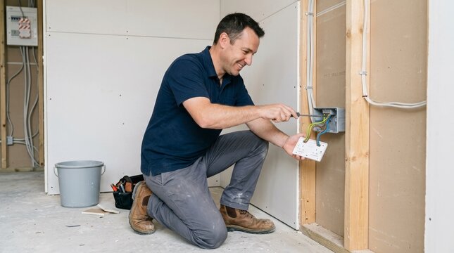 Smiling male electrician wiring an electrical socket outlet. Professional technician kneeling on a concrete floor during home renovation
