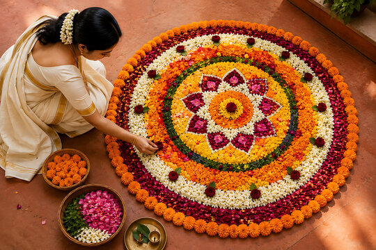 Young woman making colorful flower rangoli decoration on floor for happy onam celebration the popular and beautiful south indian festival in kerala