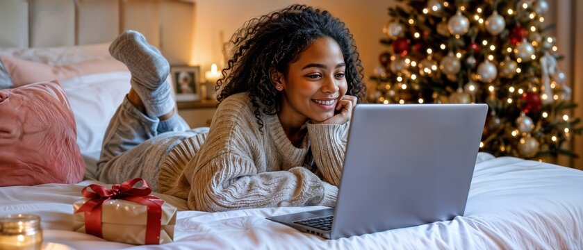 smiling young woman using laptop while lying on bed beside christmas gift and decorated tree in cozy bedroom