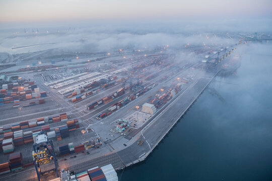 Fog enveloping the Long Beach cargo container port and terminal