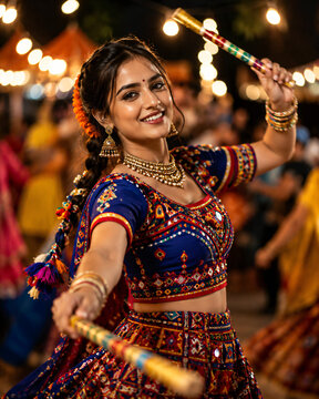 Garba Dancer in Traditional Chaniya Choli Performing with Dandiya Sticks at a Festive Navratri Night