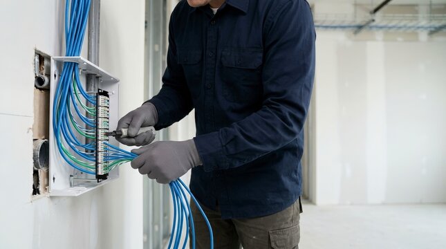 Technician installing network cables in a white junction box. Professional worker wiring ethernet cables during office renovation. Structured cabling concept