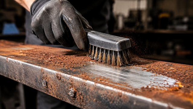 A gloved hand is using a wire brush to clean rust off a metal surface, revealing shiny steel beneath.