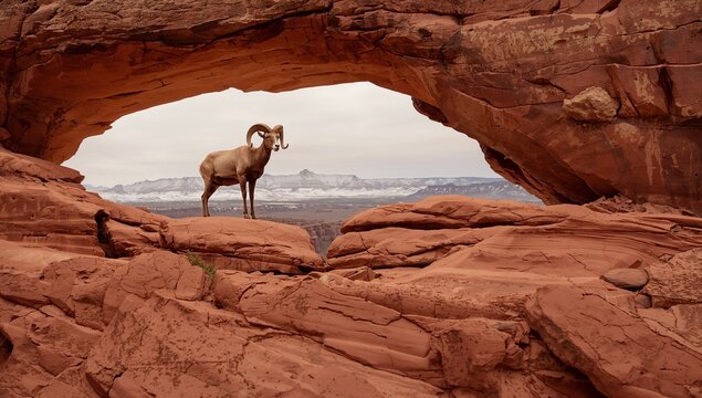 Bighorn sheep on red sandstone arch with snowy mountains in background