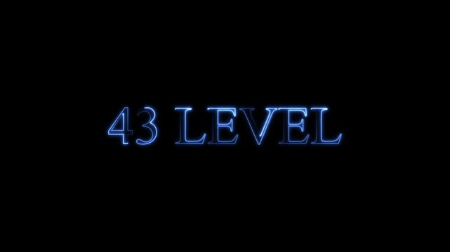 neon Level-43 text inside a horizontal banner on black background. level 43 text icon animation. Neon level up sign. neon next Level text.Level Thirty six text font with glowing neon light.Level