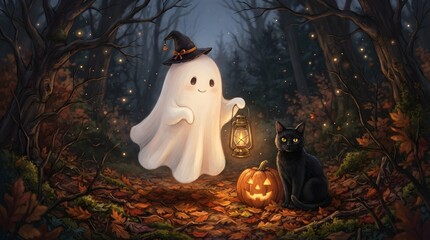 Obraz premium Friendly Halloween Ghost with Witch Hat and Lantern in an Enchanted Autumn Forest