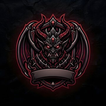  Intricate dark fantasy dragon demon crest with sharp horns, layered armor, spread wings, red gem highlights, gothic circular frame, and blank banner for esports mascot logo or metal team branding.