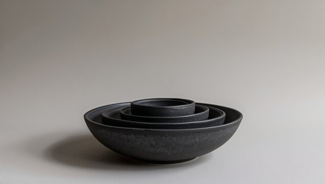 Nesting arrangement of shallow matte black raku clay bowls