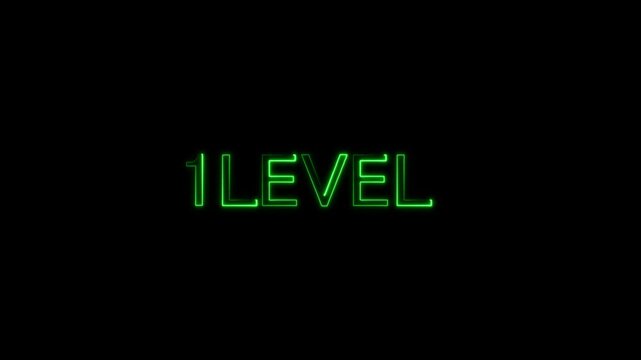 neon Level-1 text inside a horizontal banner on black background. level 1 text icon animation. Neon level up sign. neon next Level text.Level Thirty six text font with glowing neon light.Level