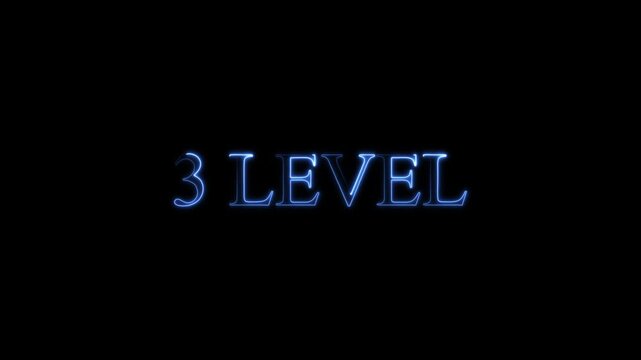 neon Level-3 text inside a horizontal banner on black background. level 3 text icon animation. Neon level up sign. neon next Level text.Level Thirty six text font with glowing neon light.Level