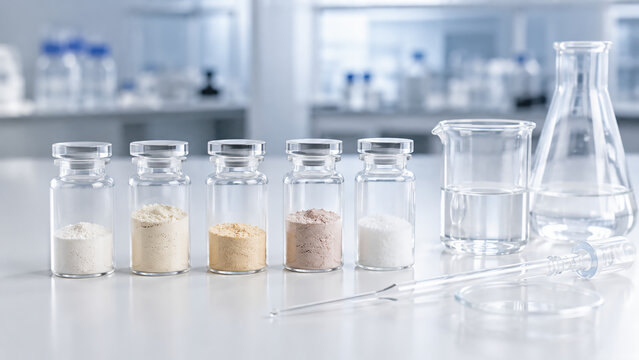 Laboratory glassware with various powder samples in small jars, alongside beakers, a pipette, and flasks on a white countertop.